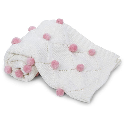 Bubblegum Pink Pom Pom100% pure cotton knitted Summer/AC blanket for baby
