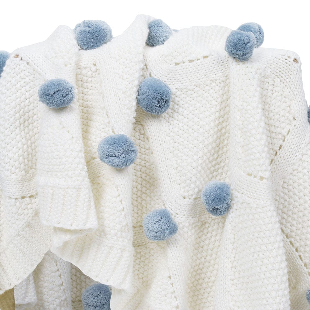Whimsical Blue Pom Pom100% pure cotton knitted Summer/AC blanket for baby