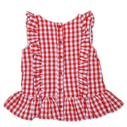 Gingham Ruffle trimmed peplum frock and bloomer set, red Collection