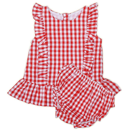 Gingham Ruffle trimmed peplum frock and bloomer set, red Collection