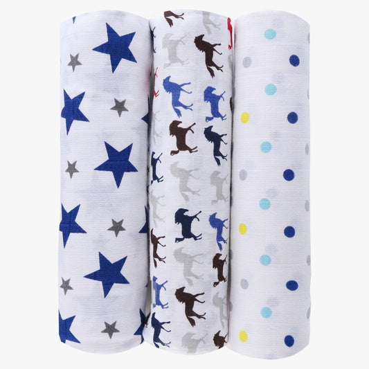 Blue Horse Collection 100% Cotton Muslin Swaddle Pack Of 3 (Navy, Horse, Dots) - haus & kinder