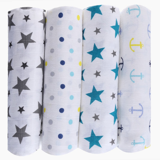 Twinkle Collection 100% Cotton Muslin Swaddle Pack Of 4 (Anchor, Dots, Turquoise, Grey) - haus & kinder