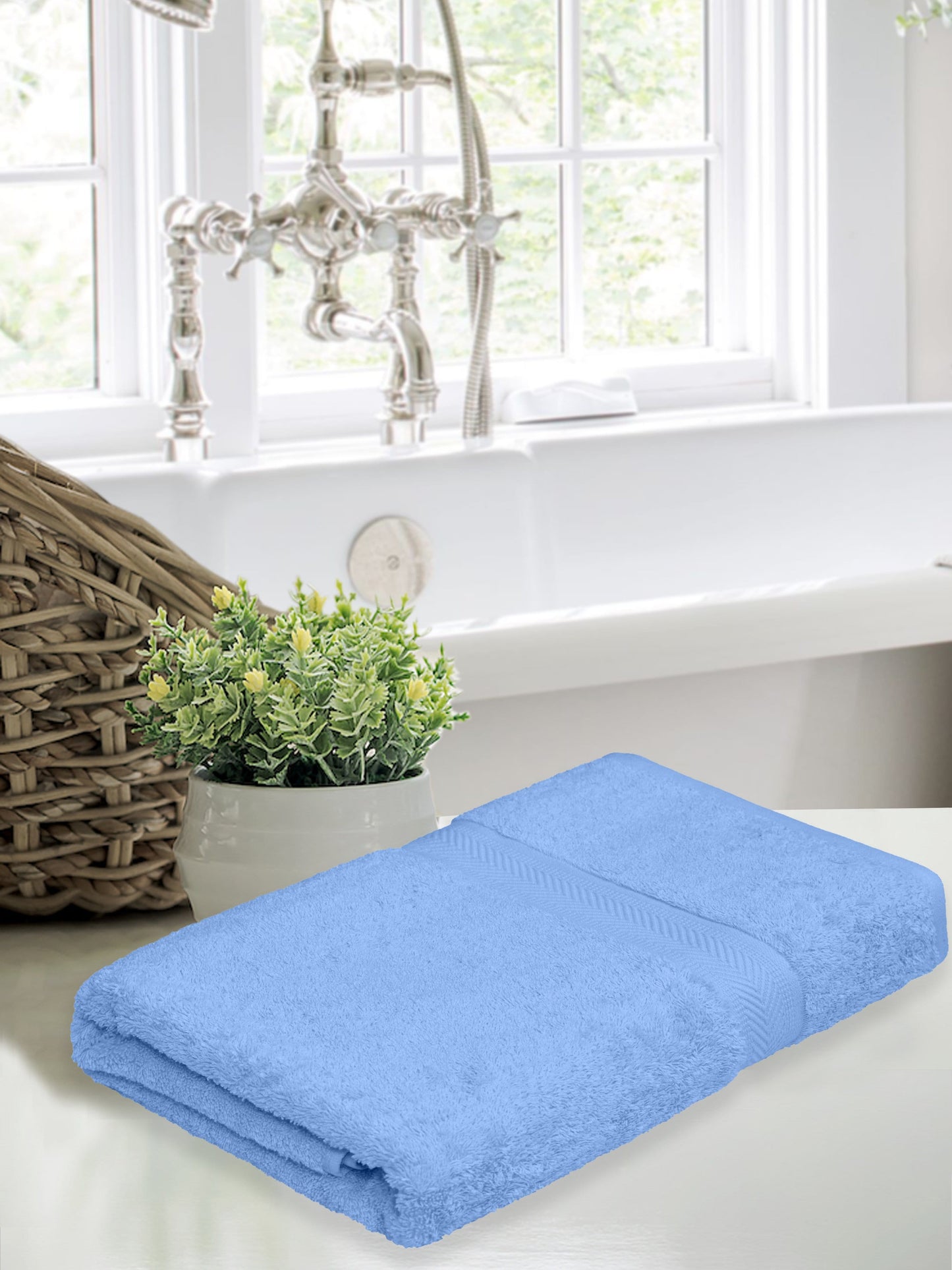 Towel Set of 6, 100% Cotton, Skyblue & Navy