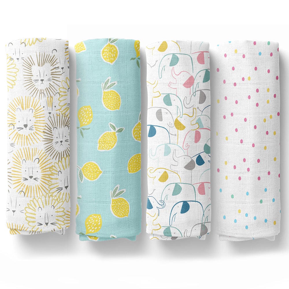 Fruit & Brute Collection 100% Cotton Soft Muslin Swaddles Wrap for Newborn Baby - Pack of 4 (100 x 100 cm, Yellow , blue , Multicolor)